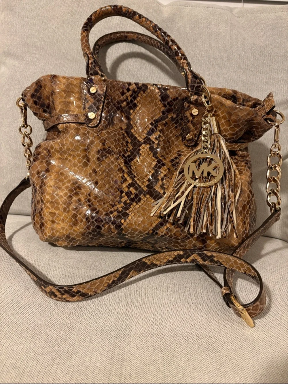 Michael Kors Brown Snake-Print Shoulder Bag with Tassel Charm